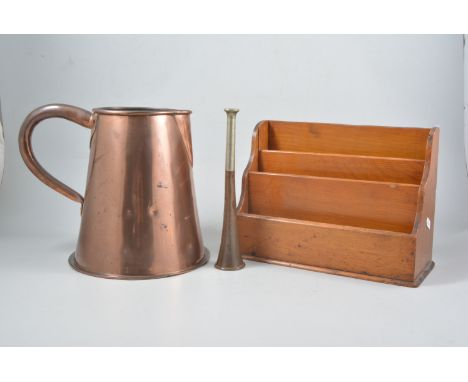 Edwardian oak tray; an Edwardian stationery rack; brass cribbage board; copper and nickel plated horn; copper jug and other m