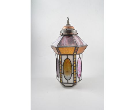 A leaded light hanging lantern shade with coloured glass panels, hook to top, 40cm high.