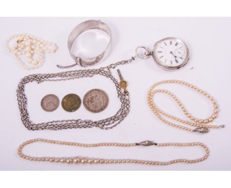 A J W Benson silver open face pocket watch hallmarked London 1887 on a white metal oval link guard chain 160cm long, an 18mm 