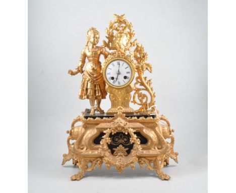 French gilt painted spelter and black marble mantel clock, in the Louis XVI style, white enamel dial, movement striking on a 