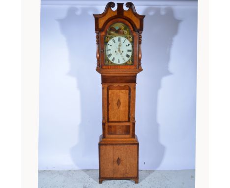 Oak and mahogany longcase clock, the hood with a swan-neck pediment, baluster turned columns, short door with arched top, bra