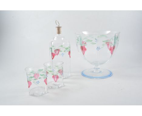 Swedish glass pedestal bowl, floral decoration, signed EE. AL, 18cm, a similar night light, decanter and four tumblers, (7).