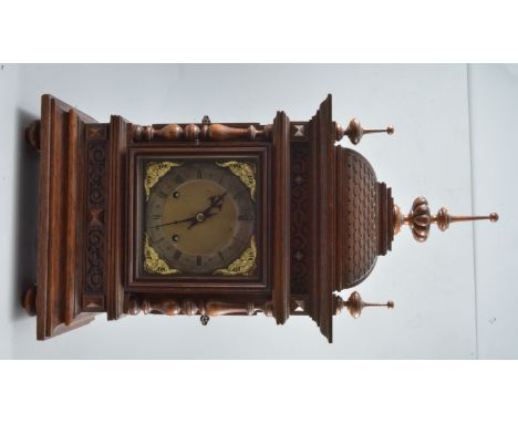 Late Victorian oak bracket clock, the movement striking on two gongs.