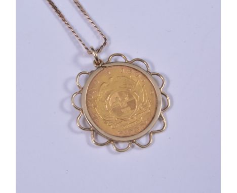 A South African Half Pond 1896, set in a yellow metal wire edge pendant mount on a 9 carat yellow gold fine S link chain 40cm