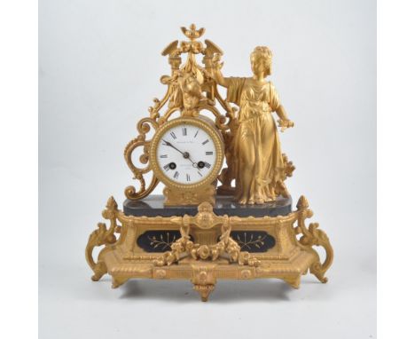 French gilt metal mantel clock, white enamel dial, signed by the retailer, Knight & Son, Northampton and Paris, drum flanked 