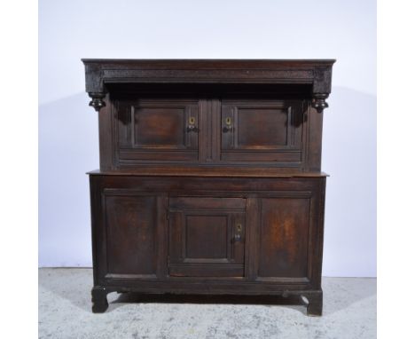 Small joined oak court cupboard, basically 18th Century, with adaptions, upper section with two panelled doors under a canopy