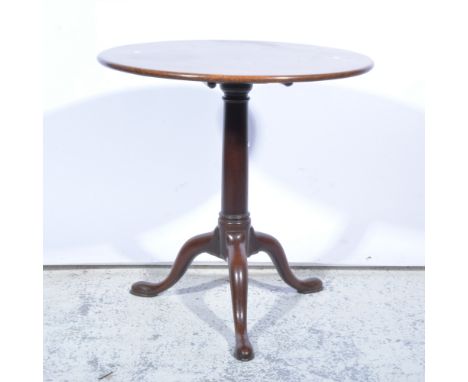 Georgian mahogany pedestal table, circular tilt-top, tapering column, tripod legs, diameter 75cm.