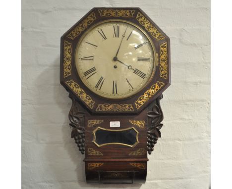 A fusee wall clock with 30cm cream enamel dial with roman numeral chapter ring, brass inlaid drop dial 76cm case with window 