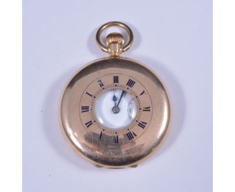 A 9 carat yellow gold half hunter pocket watch, white enamel dial with roman numeral chapter ring and subsidary seconds dial,