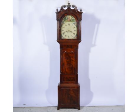 Mahogany longcase clock, arched painted dial with date aperture, eight-day movement, 234cm.