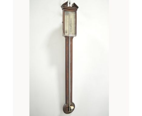 George III mahogany and inlaid stick-barometer, signed Farelli, Banbury, mercury losses.