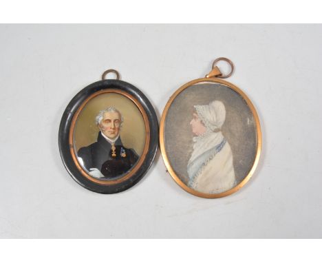 English School, 19th Century, portrait miniature of a lady wearing a bonnet, in profile, 7.5xm x 6cm; and a reverse print on 