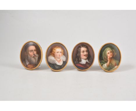 Set of four portrait miniatures in the Berlin style, a nobleman and woman in15th century costume and a peasant man and woman,