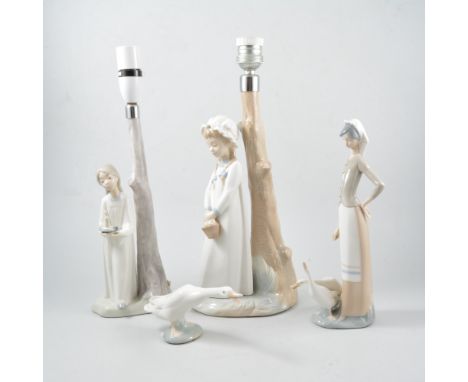 Lladro model of a goose girl, 98cm, a Lladro model of a goose and two Nao candlesticks, (4).