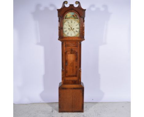 19th Century oak and mahogany longcase clock, swan-neck pediment, the hood with turned columns, long door flanked by quarter 