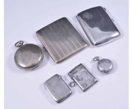 Silver sovereign case; two vestas; two cigarette cases; and a watch case.