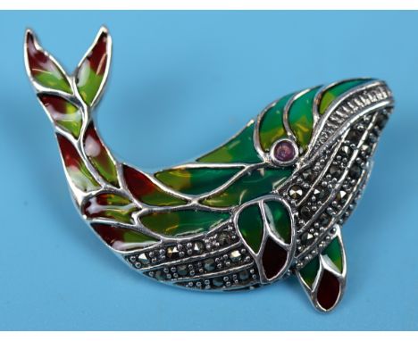 Silver enamel whale brooch