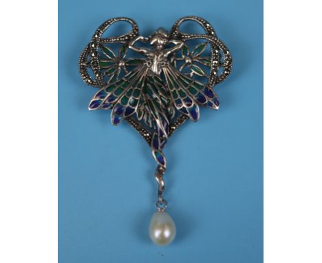 Silver &amp; enamel pearl drop pendant