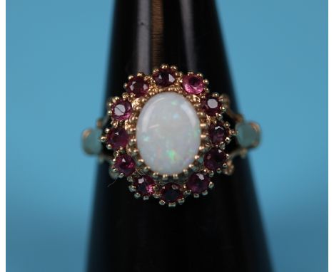 Gold opal &amp; ruby cluster ring (Size: P)