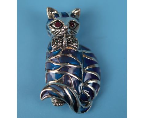 Silver enamel cat brooch