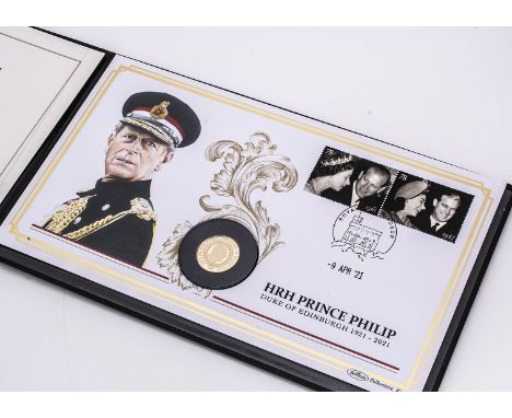 A Harrington &amp; Byrne Gold Proof Commemorative Cover, celebrating HRH Prince Philip, the 8g coin dated 2021, in folder