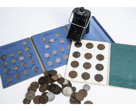 A small collection of British coins, mostly pennies but some George V and George VI silver, also some overseas coinage, a WWI