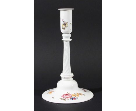 ENGLISH WHITE GLASS CANDLESTICK, circa 1760, either Bristol or Staffordshire, the slender sconce above a disc knop, fine wryt