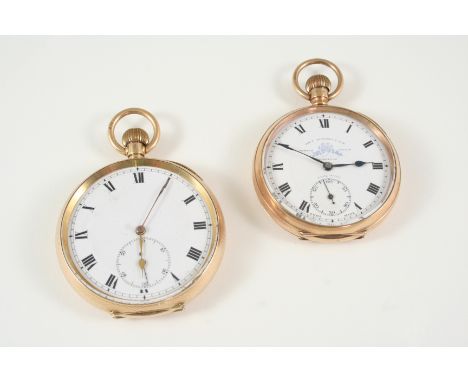 A 9CT. GOLD OPEN FACED POCKET WATCH  the white enamel dial signed Thos Russell & Sons, Liverpool, with Roman numerals and sub