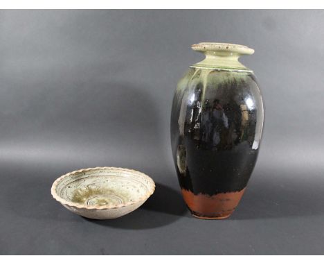 STUDIO POTTERY including a large vase with a tenmoku glaze, possibly by Mike Dodd (unmarked), also with a Jim Malone dish wit