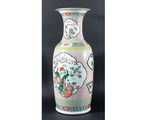 CHINESE FAMILLE VERTE VASE, 19th century, enamelled with cartouches of birds, ducks and various ornaments on an iron red scal