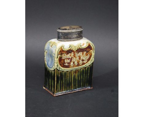 DOULTON LAMBETH - SILVER TOP TEA CADDY a stoneware tea caddy with a motto on one side Honest Tea is the best policy, with a s