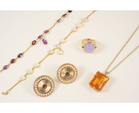 A QUANTITY OF JEWELLERY including a lavender jade and diamond ring, set in 18ct. gold, size M, a moonstone and 18ct. gold bra