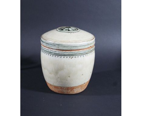 RICHARD BATTERHAM - STUDIO POTTERY STORAGE JAR a stoneware lidded storage jar with a celadon glaze and incised decoration, th
