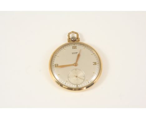 A 9CT. GOLD OPEN FACED POCKET WATCH BY TISSOT the signed circular dial with Arabic quarters and dot numerals, subsidiary seco