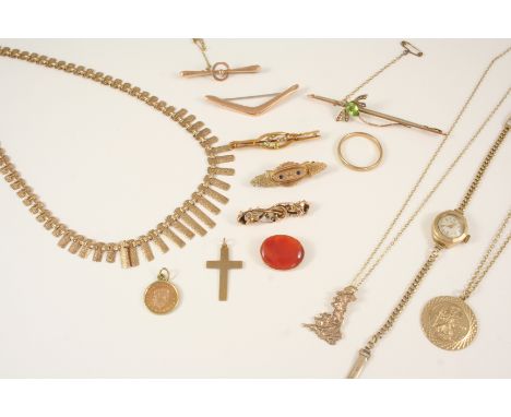 A QUANTITY OF JEWELLERY including a 9ct. gold fringe necklace, 12.1 grams, a lady's 9ct. gold wristwatch by Rotary, 11.7 gram