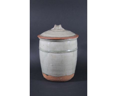 RICHARD BATTERHAM - LARGE STUDIO POTTERY CROCK JAR & COVER a large stoneware crock and lid, with a celadon ash glaze and rais