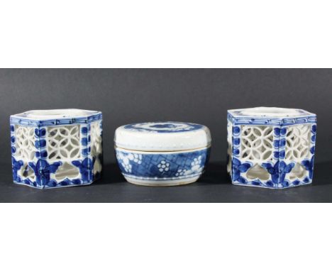 CHINESE BLUE AND WHITE BOX AND COVER, blue painted with prunus on a cracked ice ground, diameter 10cm; together with a pair o