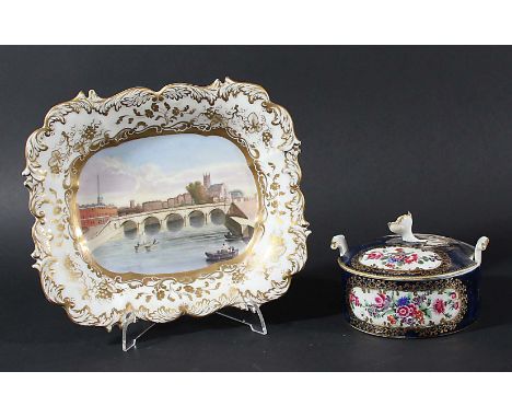 WORCESTER BUTTER TUB AND COVER, circa 1770, of circular form, painted with floral sprays in gilt cartouches on a blue ground,