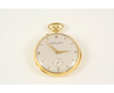 AN 18CT. GOLD OPEN FACED MINUTE REPEATING POCKET WATCH BY MATHEY-TISSOT the signed circular dial with Arabic quarters and dag