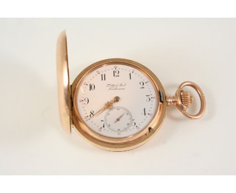 A 14CT. GOLD FULL HUNTING CASED POCKET WATCH the white enamel dial signed F. Albert Rost, Nordhausen, with Arabic numerals an