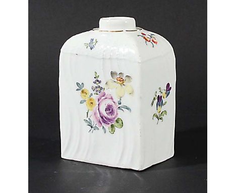 MEISSEN TEA CADDY, later 18th century, of rectangular form with painted floral decoration on a moulded ground, blue crossed s