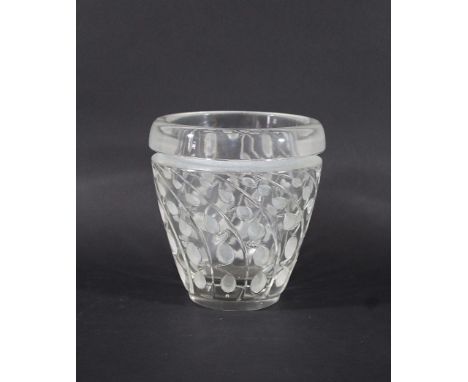 LALIQUE VASE - LEMNA a thickly moulded frosted and clear glass vase in the Lemna design, with a repeating curved frosted desi