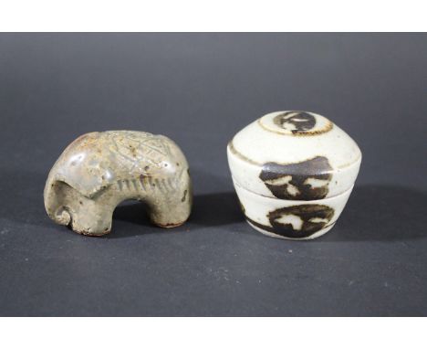 ST IVES STUDIO POTTERY ELEPHANT - BERNARD LEACH an interesting small pottery Elephant, with a celadon glaze and cross hatch d