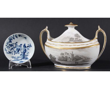 WORCESTER BLUE PAINTED MINIATURE SAUCER, circa 1755-60, in the Rock Warbler pattern, workman's mark, diameter 8.4cm; and a Sp