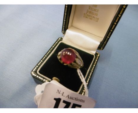 Unmarked yellow metal synthetic ruby and diamond cocktail ring, size k