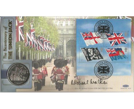 Gen Sir M Walker signed Flags and Ensigns Union Jack Benham 2001 official coin FDC PNC. C01/92 Miniature stamp sheet with 1 c