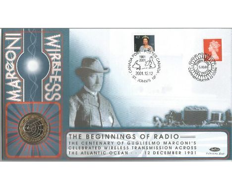 Marconi Wireless Benham official 2001 coin FDC PNC. C01/93. GB & Canada stamp and postmark with £2 Radio GB coin inset. Good 