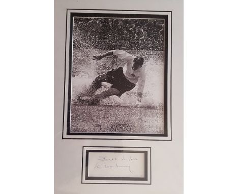 Tom Finney signed presentation. 20cm x 25cm, 10 x 8 inches image double 3D mounted in acid free mountboard with an authentic 