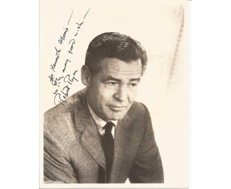 Robert Ryan signed 10 x 8 b/w portrait photo. Nice image in check jacket, shirt and tie. Signed in black dedicated to Kenneth