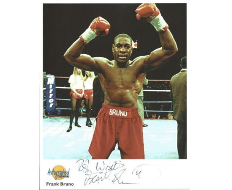Frank Bruno signed 10 x 8 colour boxing photo. Autographed editions photo, with biographical details on reverse. Good Conditi